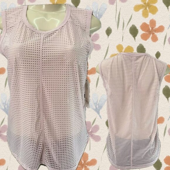 Sage L Pink Rose Sheer Perforated Mesh Crew Neck Wicking Muscle Sleeveless Top - Picture 1 of 7
